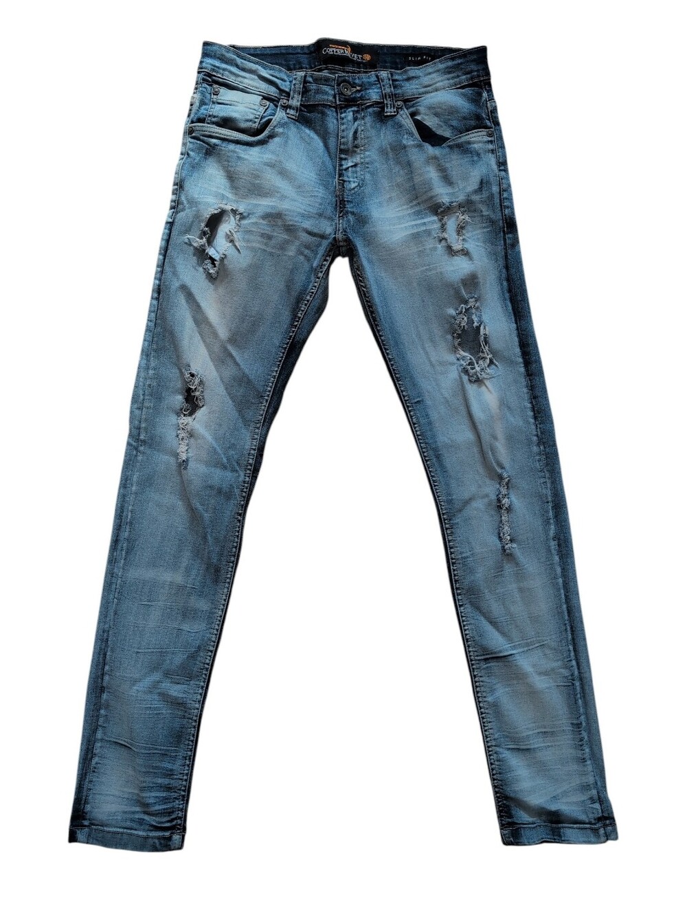 Copper Rivet Slim Fit Jeans, Distressed, Light Wash Blue Denim, Men's 32x32